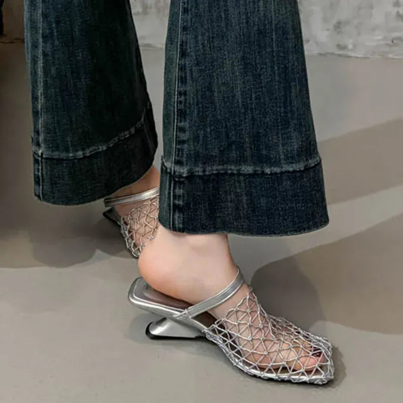 KissICON Mesh Silver Med Heels Sandals for Women Fashion