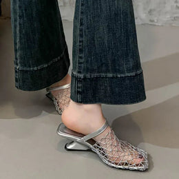 KissICON Mesh Silver Med Heels Sandals for Women Fashion