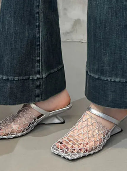 KissICON Mesh Silver Med Heels Sandals for Women Fashion