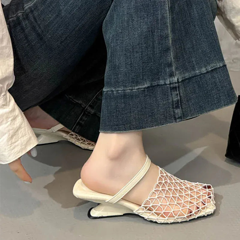 KissICON Mesh Silver Med Heels Sandals for Women Fashion
