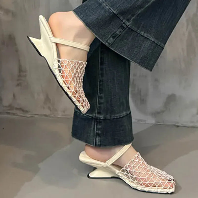 KissICON Mesh Silver Med Heels Sandals for Women Fashion