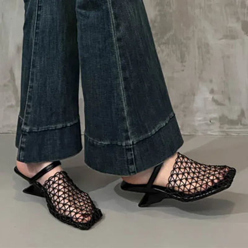 KissICON Mesh Silver Med Heels Sandals for Women Fashion