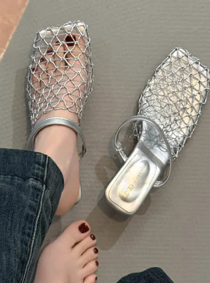KissICON Mesh Silver Med Heels Sandals for Women Fashion