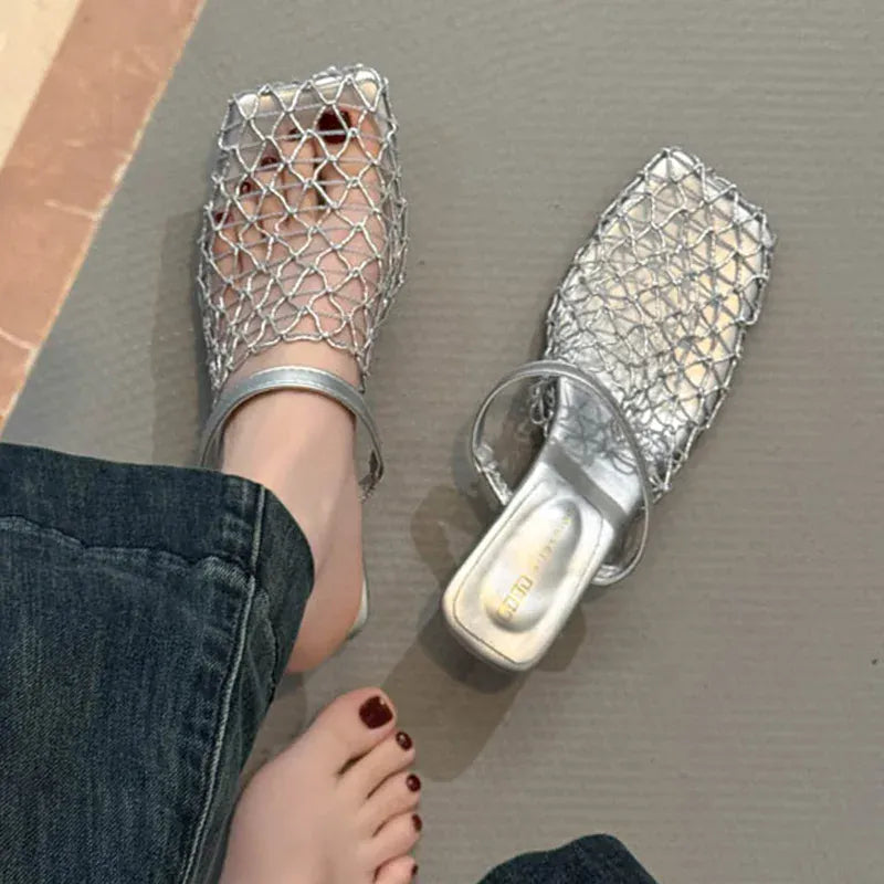 KissICON Mesh Silver Med Heels Sandals for Women Fashion