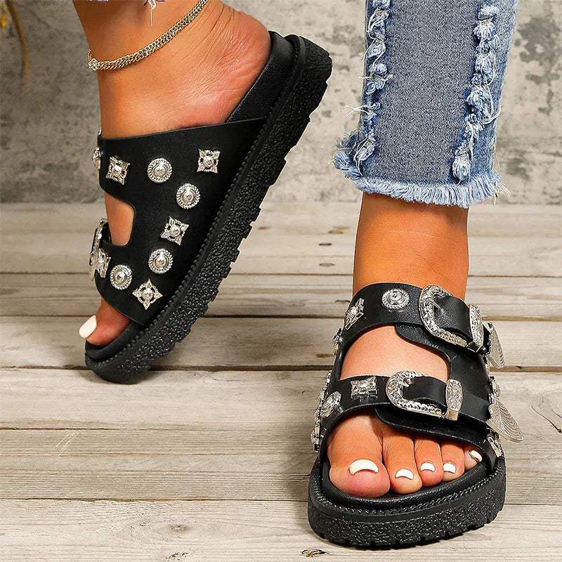 KissICON Metal Buckle Decor Flat Sandals Women Plus Size