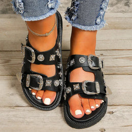 KissICON Metal Buckle Decor Flat Sandals Women Plus Size