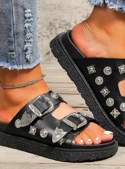 KissICON Metal Buckle Decor Flat Sandals Women Plus Size