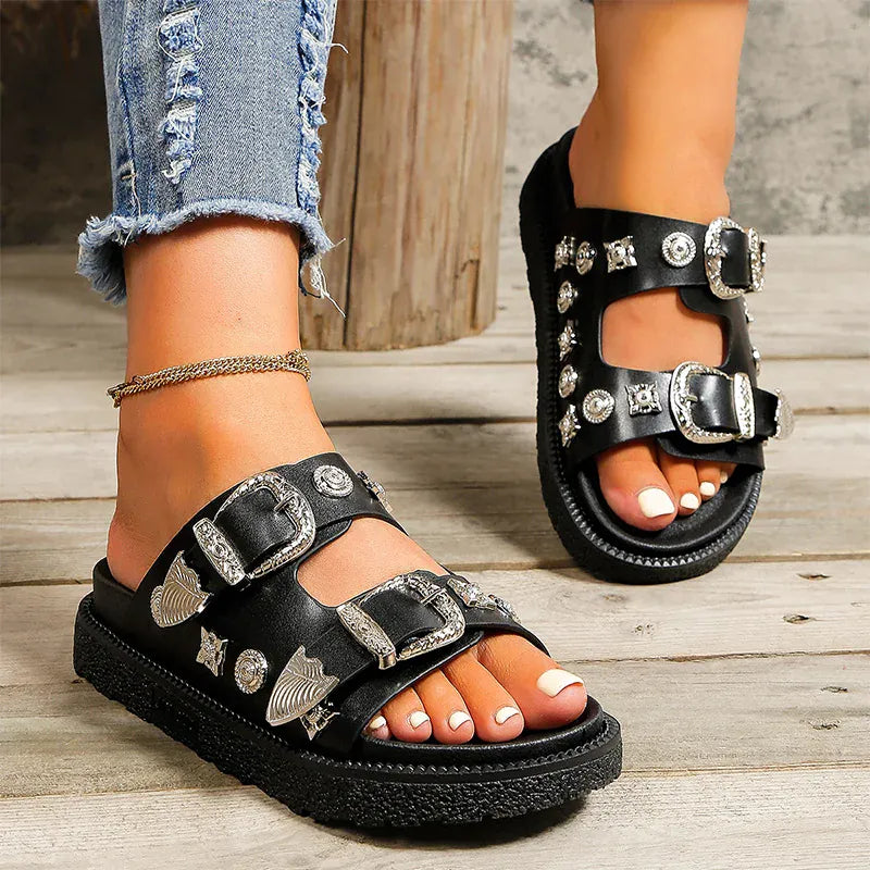 KissICON Metal Buckle Decor Flat Sandals Women Plus Size