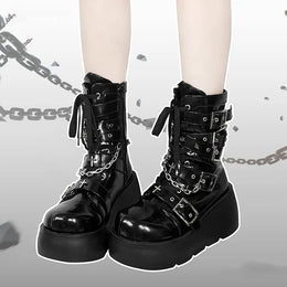 KissICON Metal Chain Patent Leather Ankle Boots Women Designer