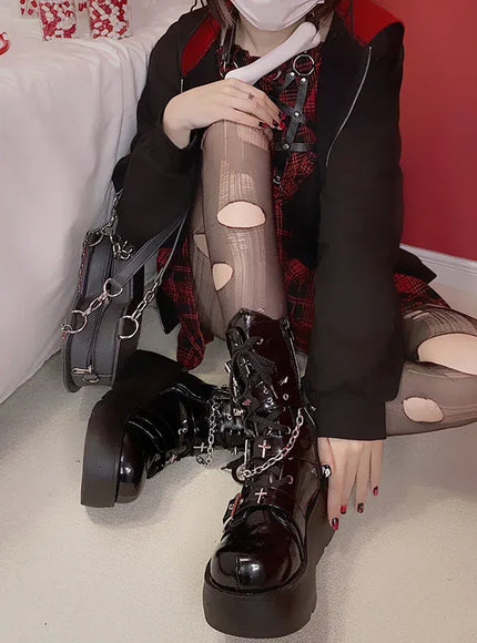 KissICON Metal Chain Patent Leather Ankle Boots Women Designer