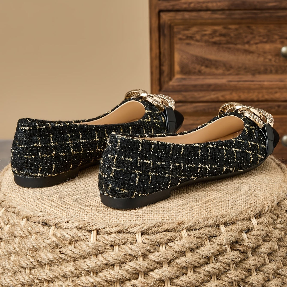 jkthpu-45 Metallic Chain SquareToe Flats Versatile for All Seasons