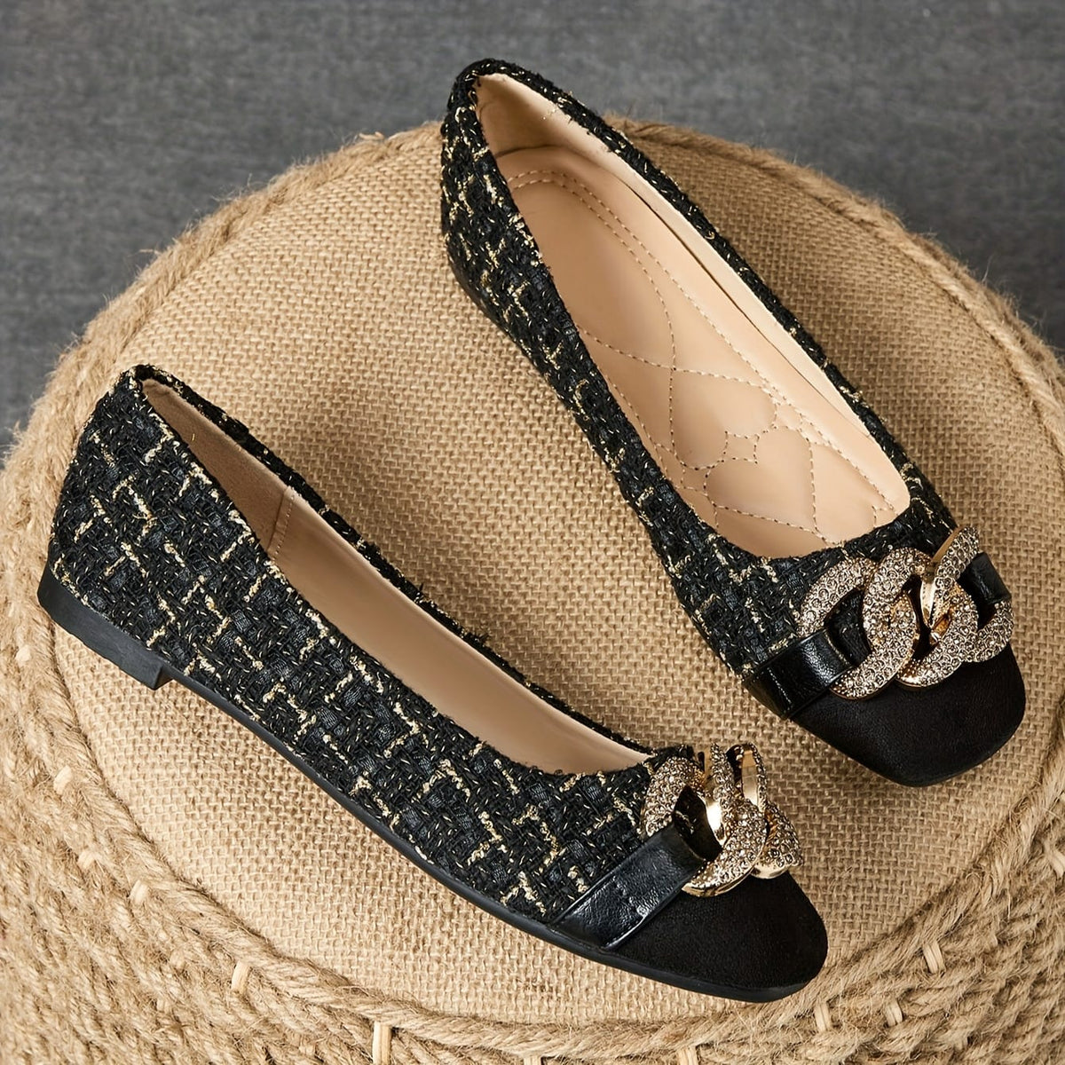 jkthpu-45 Metallic Chain SquareToe Flats Versatile for All Seasons