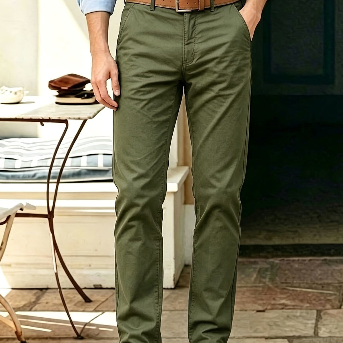 KissICON Military Green / UK 36 Mens AllSeason Stretch Chino Suit Trousers