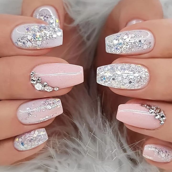 KissIcon Ballet Pink Nails Glitter Rhinestones - Glossy