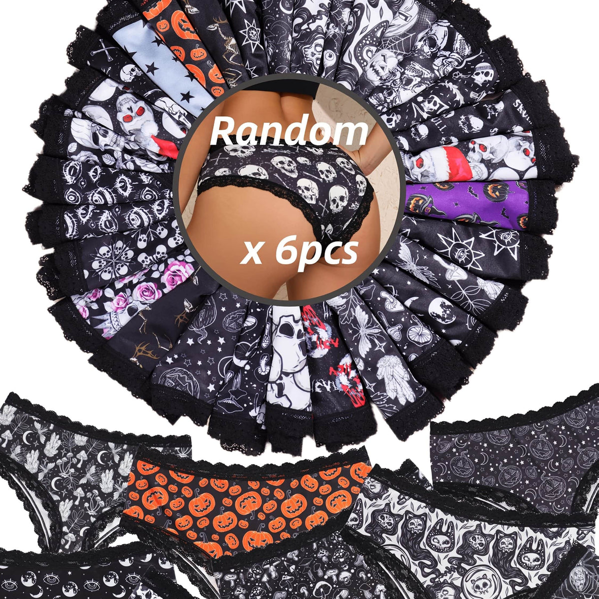 KissICON Mixed Color 1 / UK 18 Gothic Lace Curve Briefs – Skulls Stars Jackolanterns