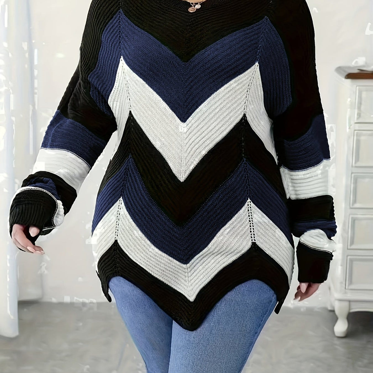 KissICON Mixed Color 4 / UK 16 Elegant Striped Asymmetrical Hem Sweater for Women -