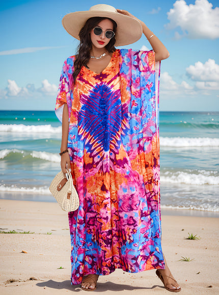 KissICON Mixed Color / One-size Boho Curve V-Neck Kaftan Coverup