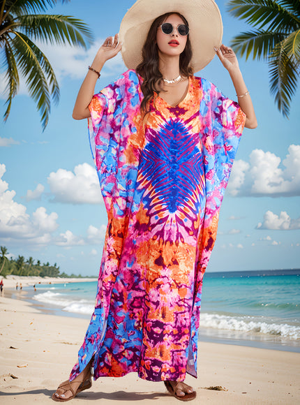KissICON Mixed Color / One-size Boho Curve V-Neck Kaftan Coverup