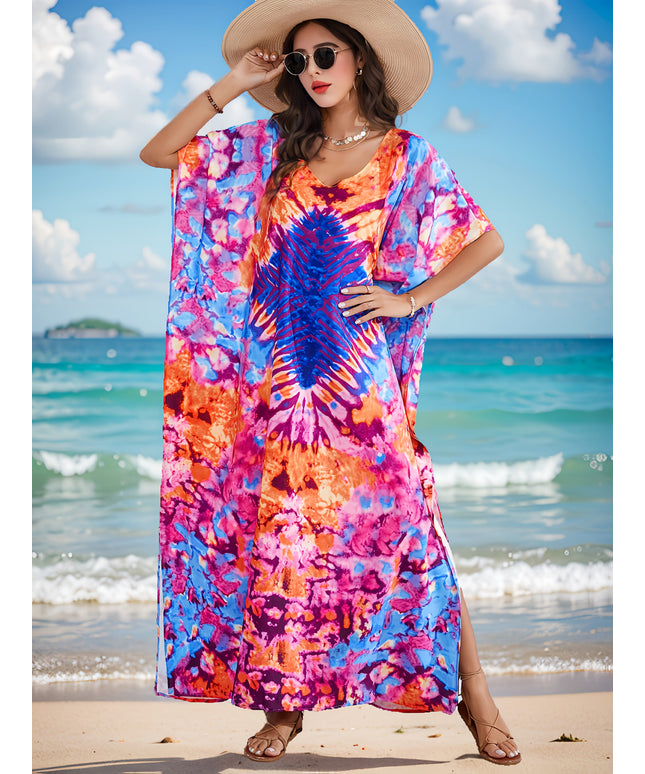 KissICON Mixed Color / One-size Boho Curve V-Neck Kaftan Coverup