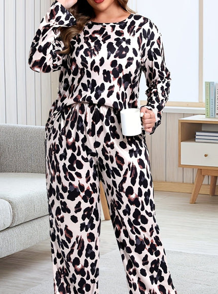 jkthpu-45 Mixed Color / UK 16/18 Plus Size Leopard Print Pajama Set with Long