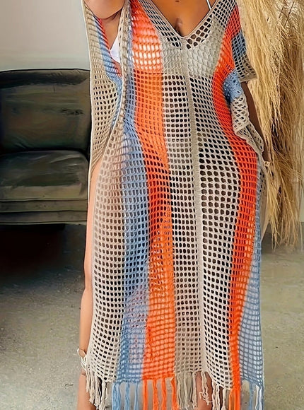 KissICON Mixed Color / UK 16 Curve Color Block Fringe Coverup