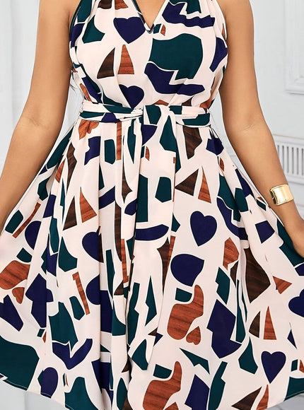 jkthpu-45 Mixed Color / UK 16 Plus-Size Women'S Dress, Elegant Holiday Gown with Geometric Prints And a Bow Waist Design.