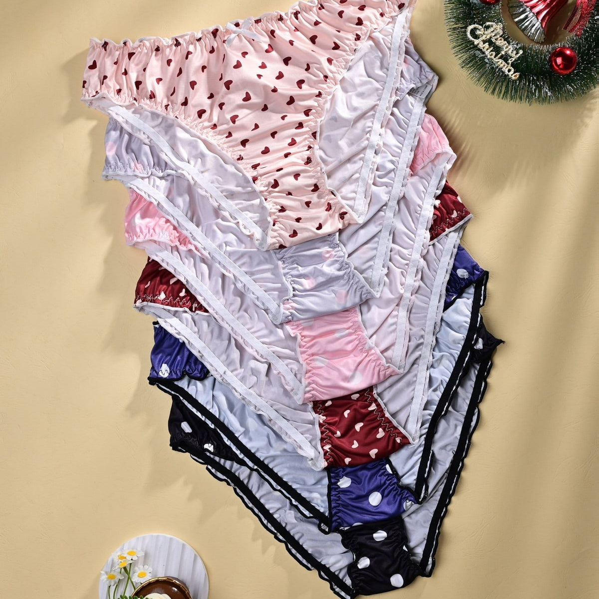 KissICON Mixed Color / UK 16 Ruffled Heart Lightweight Dot Panties 6pack