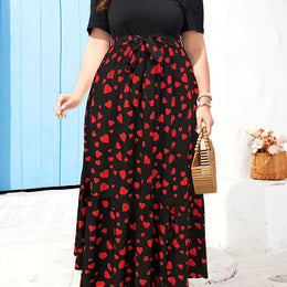 jkthpu-45 Mixed Color / UK 16 Women's Plus Size Elegant Heart Print Maxi Dress with Belt - Short Sleeve, High Waist, Ruffled Hem for Summer Parties & Vacations