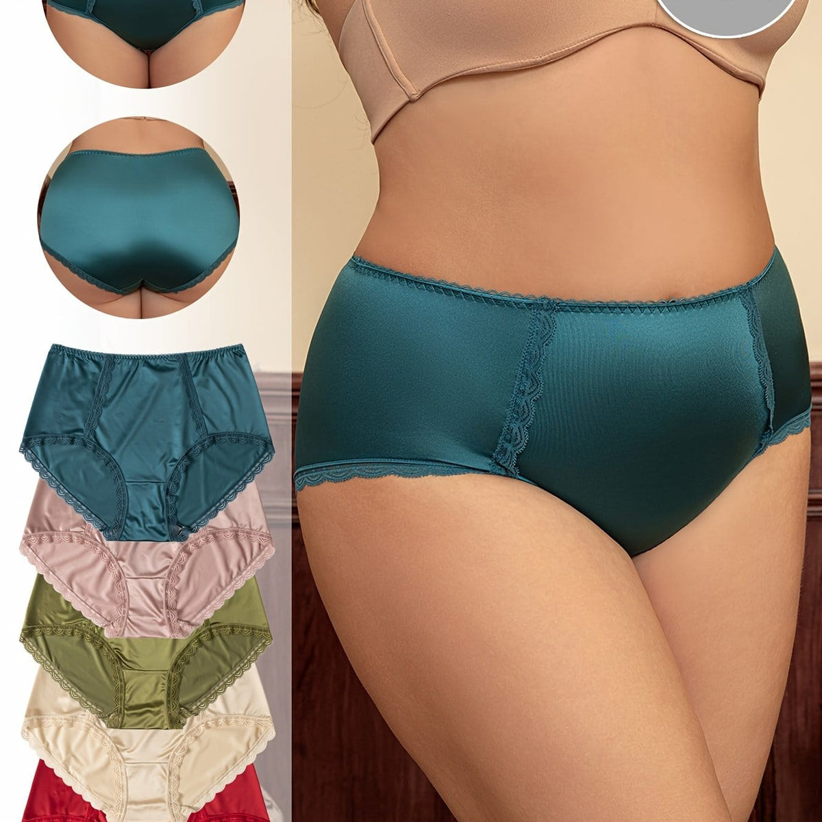KissICON Mixed Color / UK 18 Elegant 5pack Satin Highwaist Panties Lace
