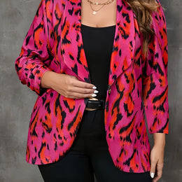 jkthpu-45 Mixed Color / UK 18 Elegant Leopard Print Open Front Cardigan Blazer