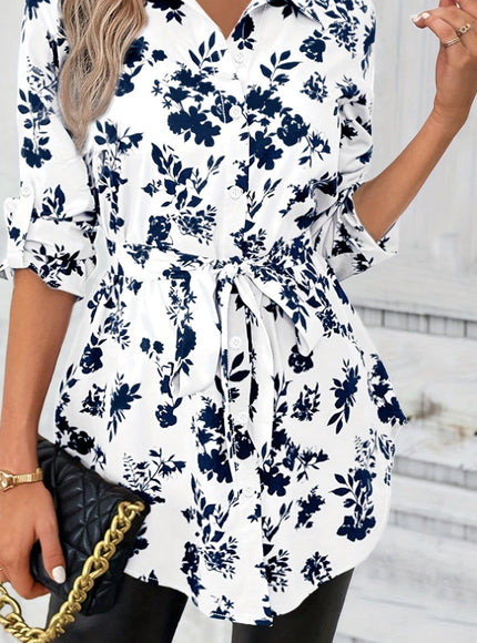 KissICON Mixed Color / UK 18 Plus Size - Women'S Elegant Floral Print Long Sleeve Button-Up Shirt with Tie-Waist Detail - Casual Chic Collared Top, White with Blue Flowers, Non-Stretch Fabric, Perfect for Spring & Fall, Ladies Blouses
