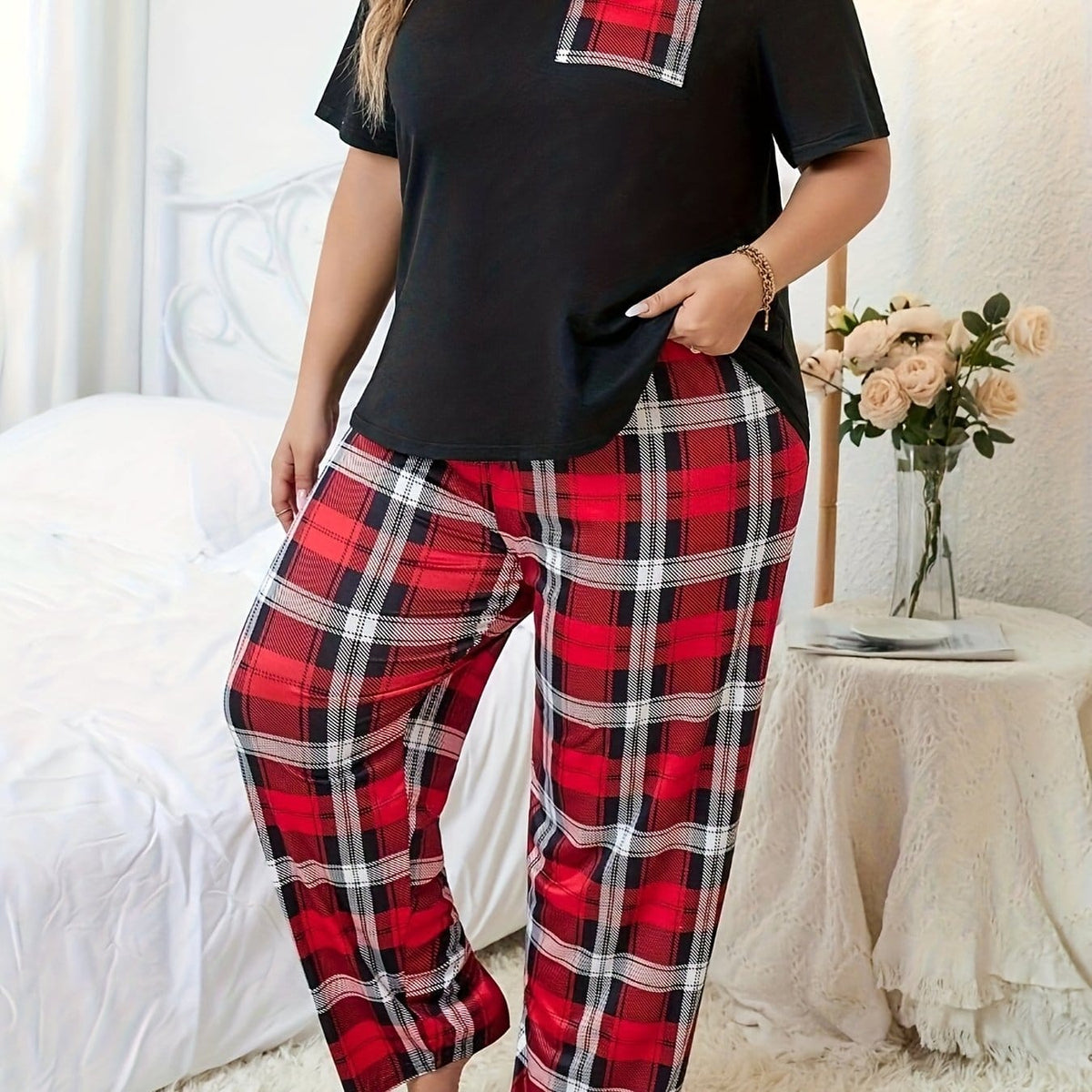 jkthpu-45 Mixed Color / UK 18 Women'S Plus Size Bowknot Plaid Pajama Set -