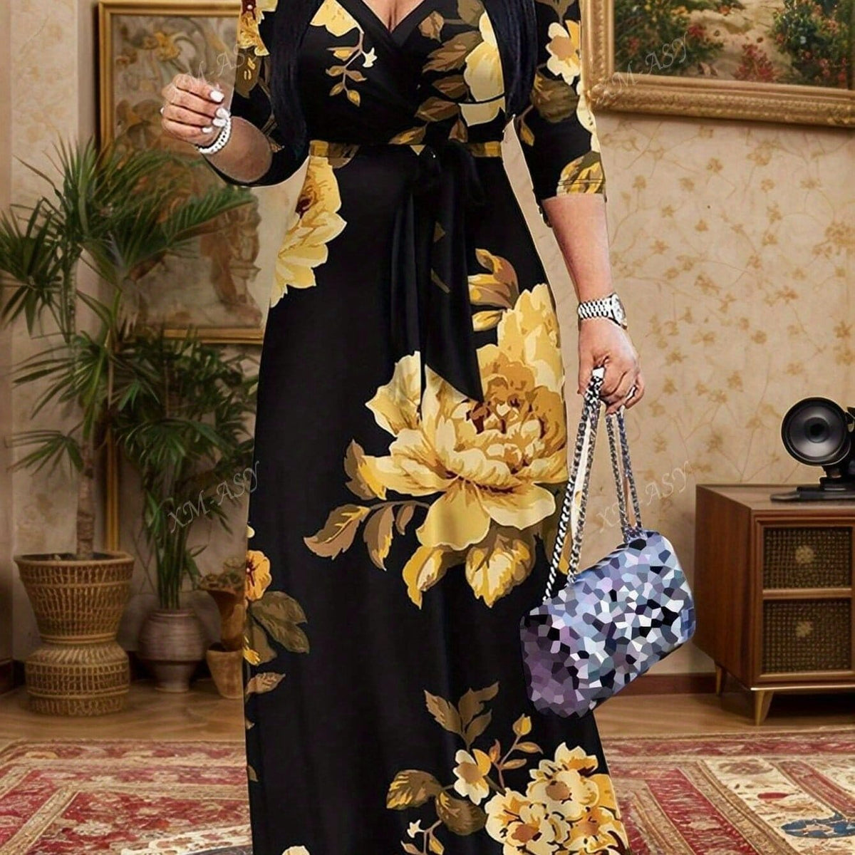 jkthpu-45 Mixed Color / UK 20 Plus Size - Plus Size Women'S Casual V-Neck Long Dress with Pockets - Black & Golden Floral Print, Loose Fit, All-Season Comfort, Casual Attire, Comfortable Fashion, Elegant Design