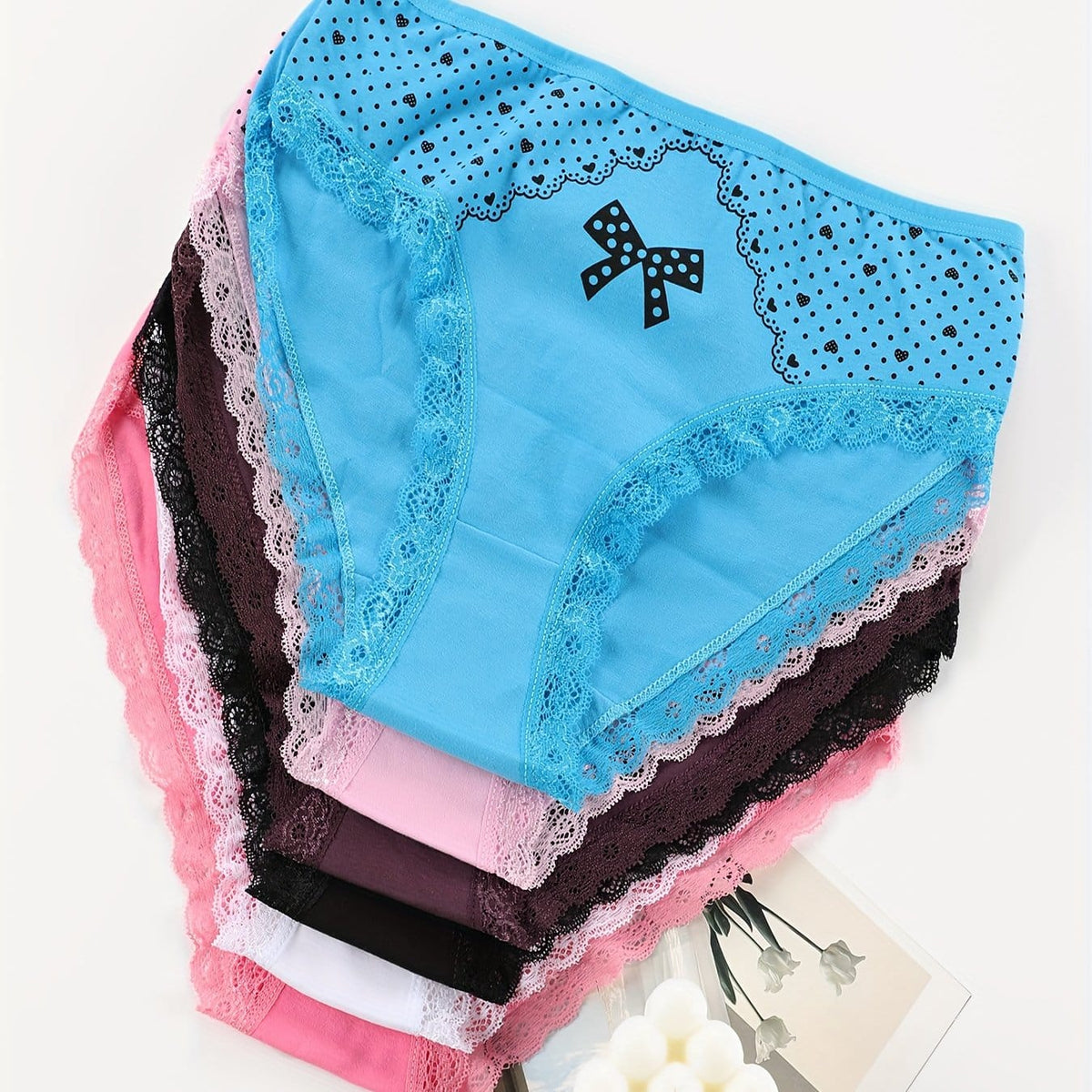 KissICON Mixed Color / UK 8 6pc Elegant Floral Butterfly Lace Trim Briefs – Soft