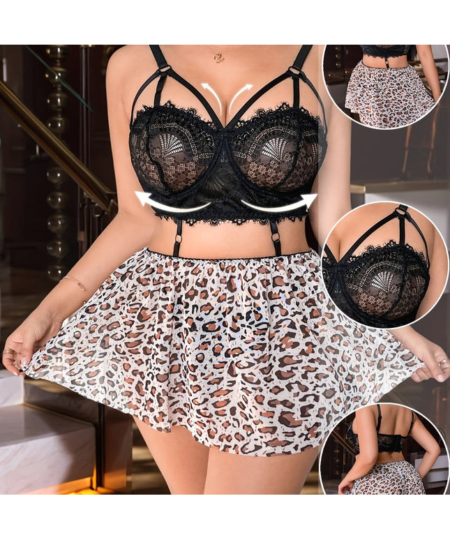 jkthpu-45 Mixed colors / UK 18 Sexy Black Lace Leopard Strappy Bra  Puff Skirt Set