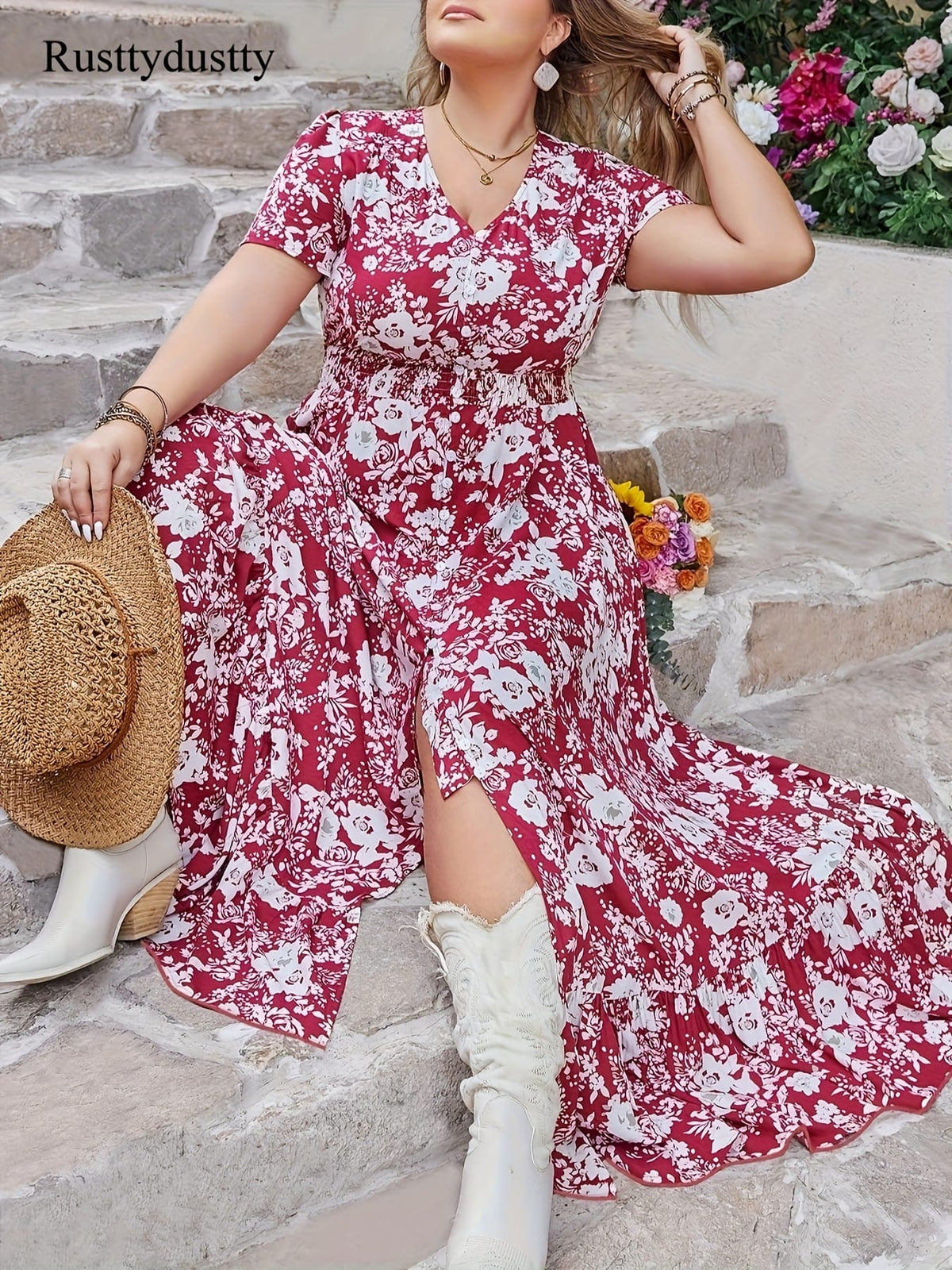 jkthpu-45 Modern Bohemian Women's A-line Skirt - Elastic Waist, Stretchable, Comfortable Fabric, Artistic White Buttons, Perfect for Music Festival, Vacation, Date, Valentine's Day