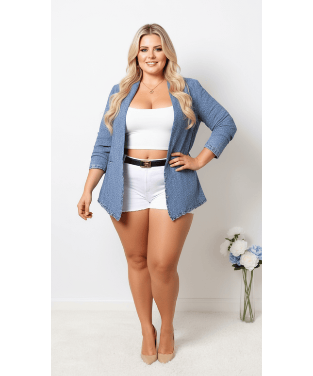 jkthpu-45 Morin Womens Plus Size Light Blue Denim Lapel Jacket