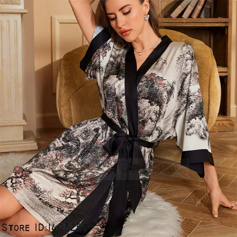 KissICON mountain forest 5 / XXS Plus Size Sexy Women Robe Sleepwear Silky Satin