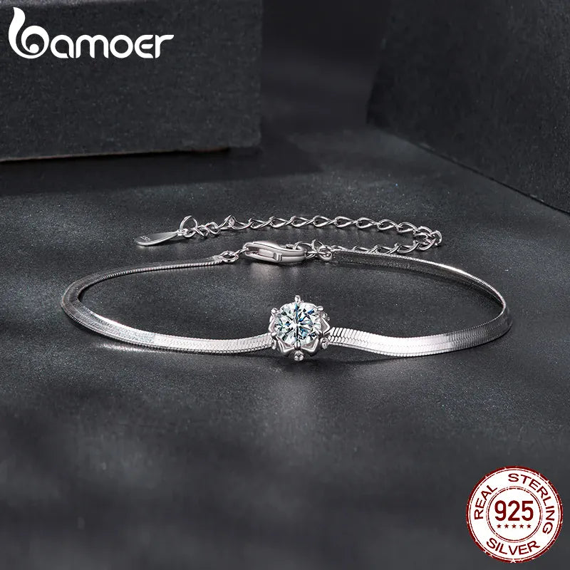 KissICON MSB027 / China Mainland BAMOER 925 Sterling Silver 0.5CT Flower Buds Moissanite Bracelet Prong Setting Adjustable Snake Chain for Women Anniversary Gift