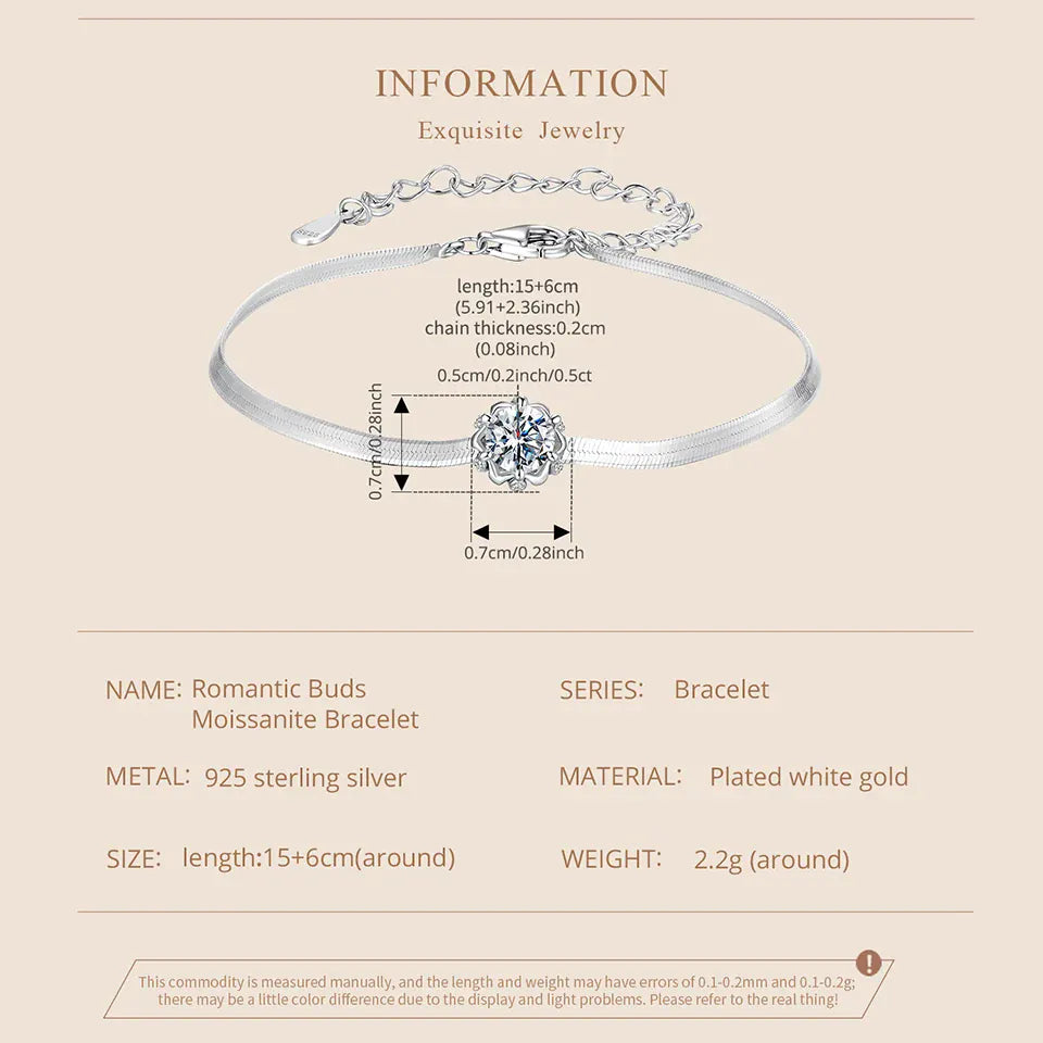 KissICON MSB027 / China Mainland BAMOER 925 Sterling Silver 0.5CT Flower Buds Moissanite Bracelet Prong Setting Adjustable Snake Chain for Women Anniversary Gift