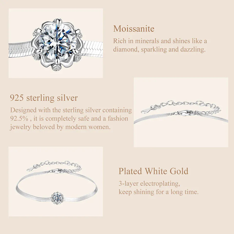 KissICON MSB027 / China Mainland BAMOER 925 Sterling Silver 0.5CT Flower Buds Moissanite Bracelet Prong Setting Adjustable Snake Chain for Women Anniversary Gift