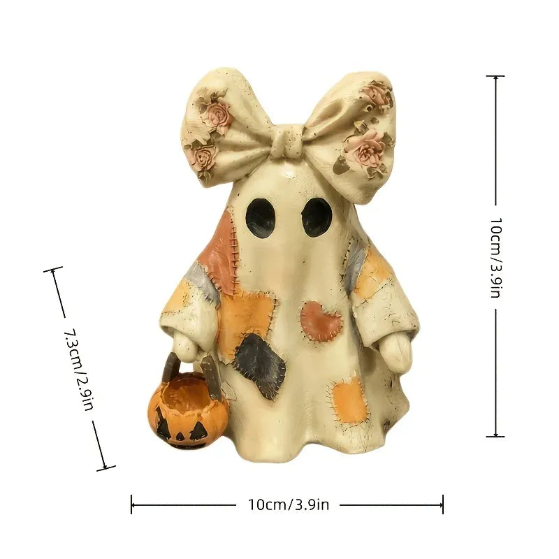 KissICON Multi-Colored Halloween retro patchwork ghost desktop ornament with pumpkin basket and little devil decoration for holiday home decor
