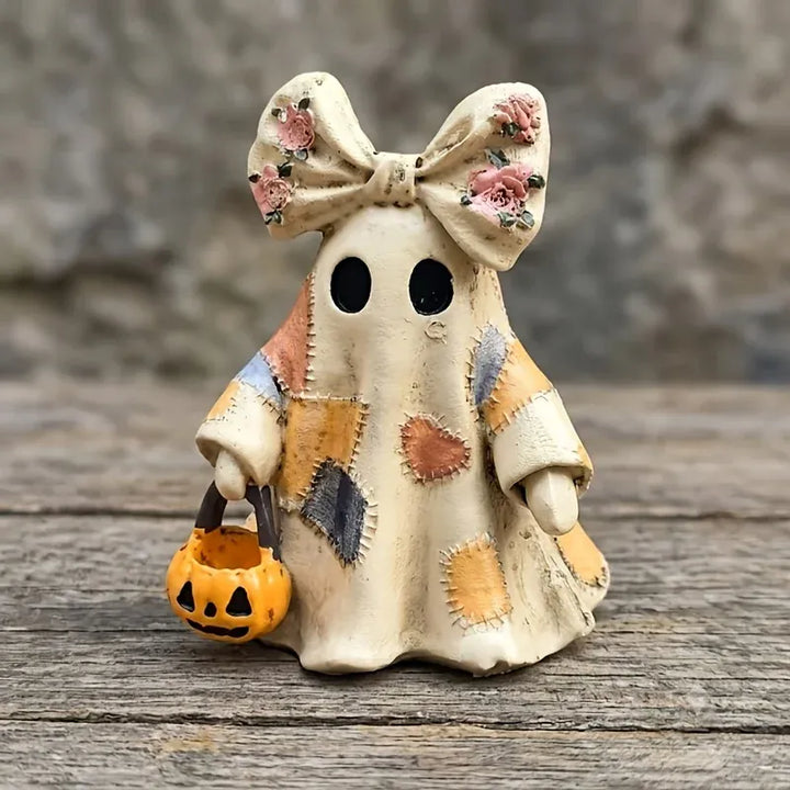 Halloween retro patchwork ghost desktop ornament with pumpkin basket and little devil decoration for holiday home decor