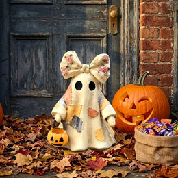 KissICON Multi-Colored Halloween retro patchwork ghost desktop ornament with pumpkin basket and little devil decoration for holiday home decor