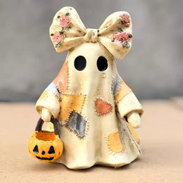 KissICON Multi-Colored Halloween retro patchwork ghost desktop ornament with pumpkin basket and little devil decoration for holiday home decor