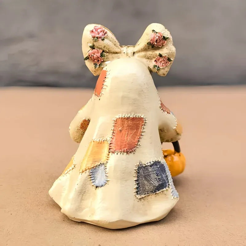 KissICON Multi-Colored Halloween retro patchwork ghost desktop ornament with pumpkin basket and little devil decoration for holiday home decor