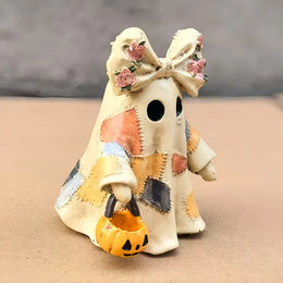 KissICON Multi-Colored Halloween retro patchwork ghost desktop ornament with pumpkin basket and little devil decoration for holiday home decor