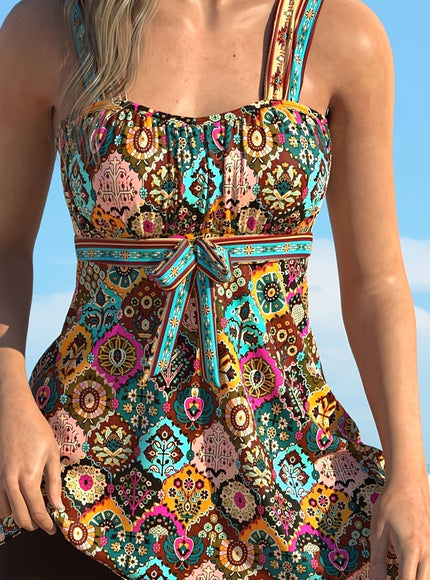 KissICON Multicolor 16 / UK 18 Curve Boho Tankini – Random Print Bowtie