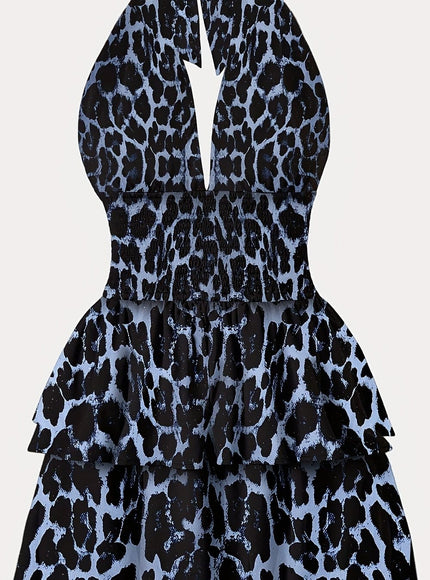 jkthpu-45 Multicolor 3 / UK 16/18 Plus Size - Sexy Leopard Print Mini Dress for Women - Backless Ruffled Hem, High-Stretch Polyester, Sleeveless Bodycon Dress with Tie-Back Detail for Spring Summer Fall Evening Parties