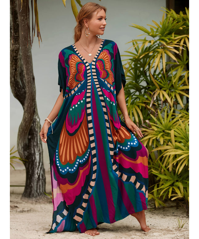 KissICON Multicolor / One-size Curve Bohemian Print Maxi Beach Coverup